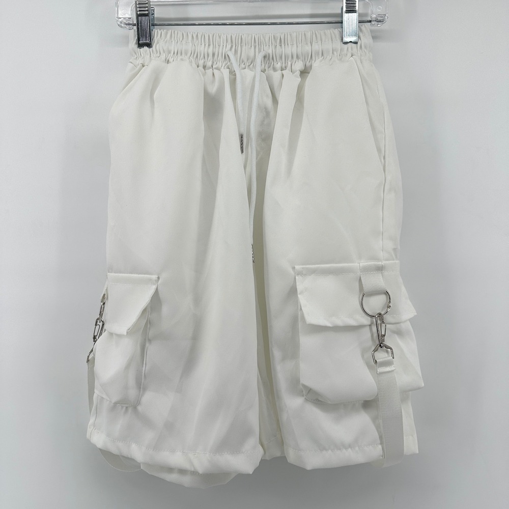 JYXH White Cargo Shorts Elastic Waist D-Ring Strap Techwear Streetwear Size 04